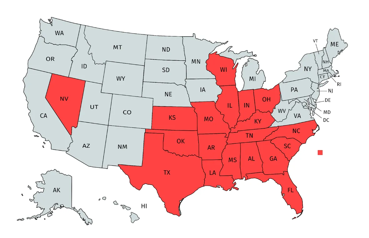 Map of the United States of America showing the states that are decommissioning their copper telephone networks in red.  EPIK Communications HIPAA Compliance solutions call 463.222.2246