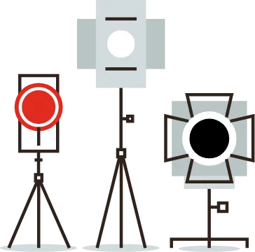 Grey and red illustration of a camera and two video lights for video production process.