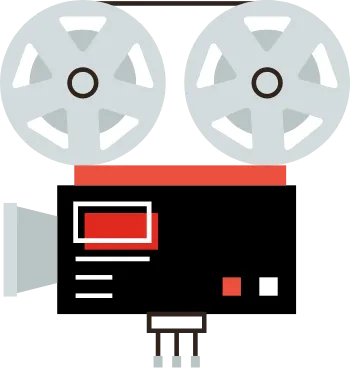 Grey, black, and red illustration of a film camera 