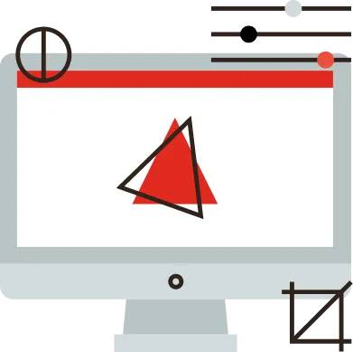 Grey and red illustration of a computer showing an red and black triangle on the screen