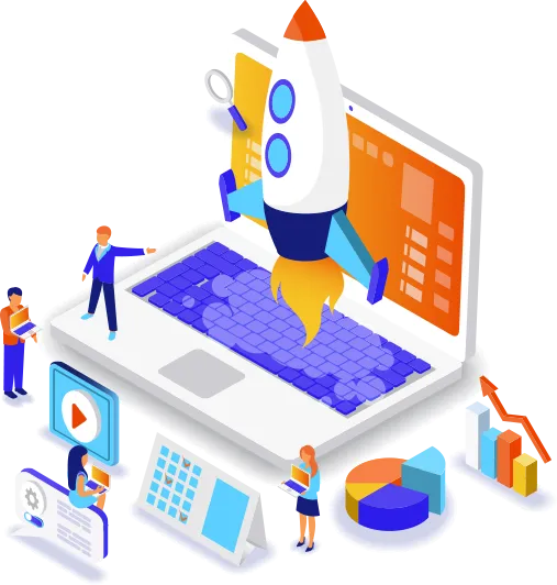 Animated Laptop and business team with a rocket ship taking off from the laptop
