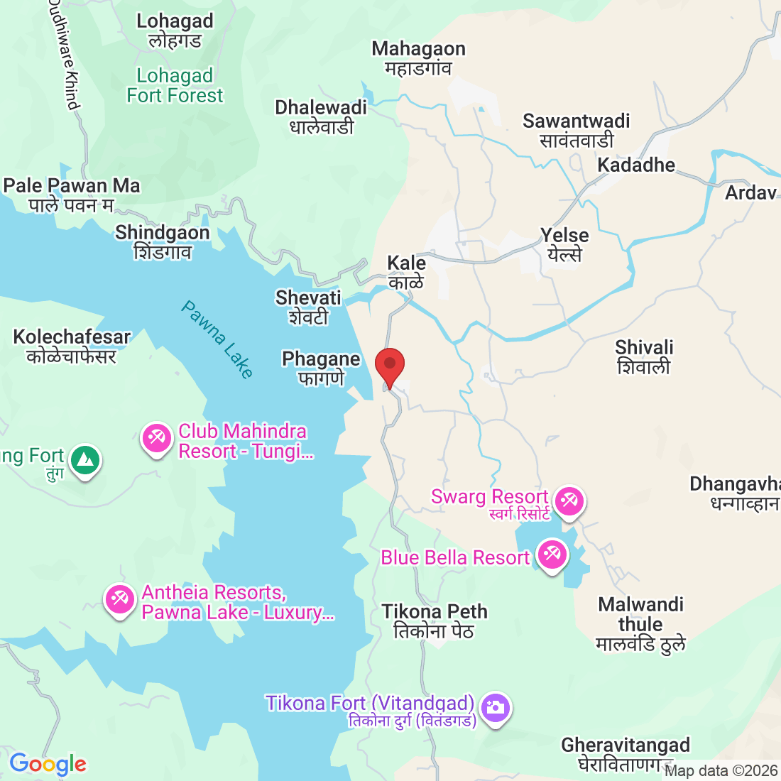 MGC2+46R, Facing Pawna Lake, Pawnanagar, Shevati, Bramhonoli, Maharashtra 410406, India