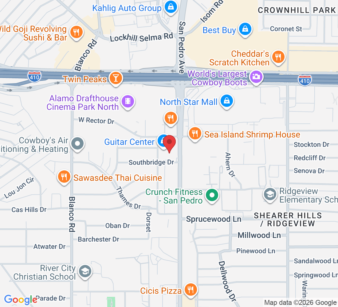 We are close to North Star Mall and next to Guitar Center, 7321 San Pedro Ave # 2, San Antonio, TX 78216, USA