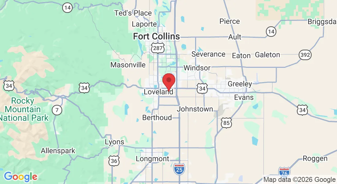 Map showing High Road RV Repair location in Loveland, CO