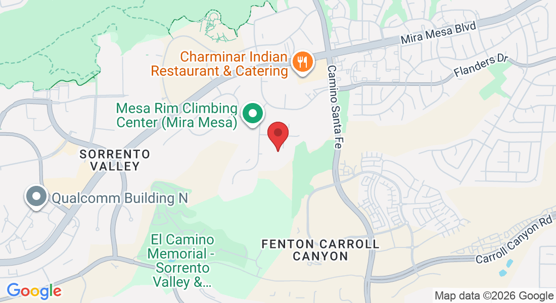 Take the driveway on the left of the buildings with the blue awnings, 10054 Mesa Ridge Ct STE 120, San Diego, CA 92121, USA