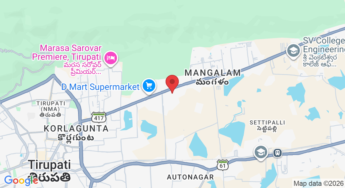 22-17-652/A, Thimminaidu Palem Rd, near by Lepakshi Hospital, Mangalam, Tirupati, Andhra Pradesh 517507, India