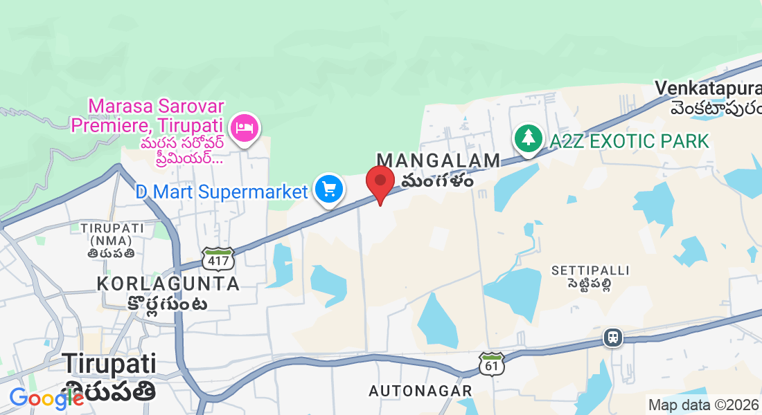 22-17-652/A, Thimminaidu Palem Rd, near by Lepakshi Hospital, Mangalam, Tirupati, Andhra Pradesh 517507, India