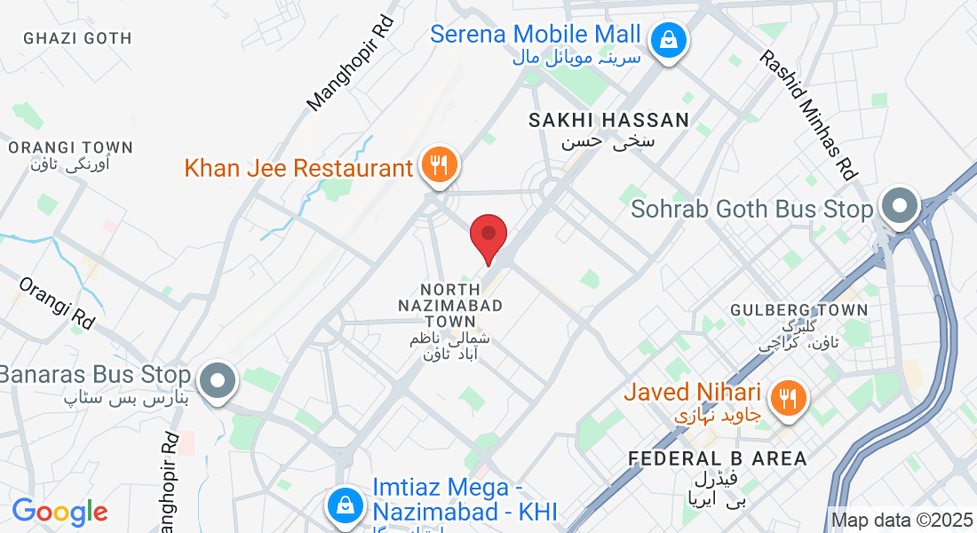 Main 5 star chowrangi, Above Ufone Franchise, Next to ginsoy, nearby Imam bargah, Block D North Nazimabad Town, Karachi, Karachi City, Sindh 74600, Pakistan