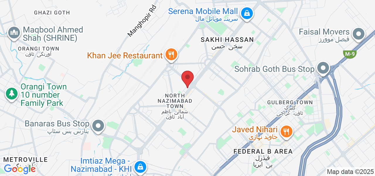 Main 5 star chowrangi, Above Ufone Franchise, Next to ginsoy, nearby Imam bargah, Block D North Nazimabad Town, Karachi, Karachi City, Sindh 74600, Pakistan