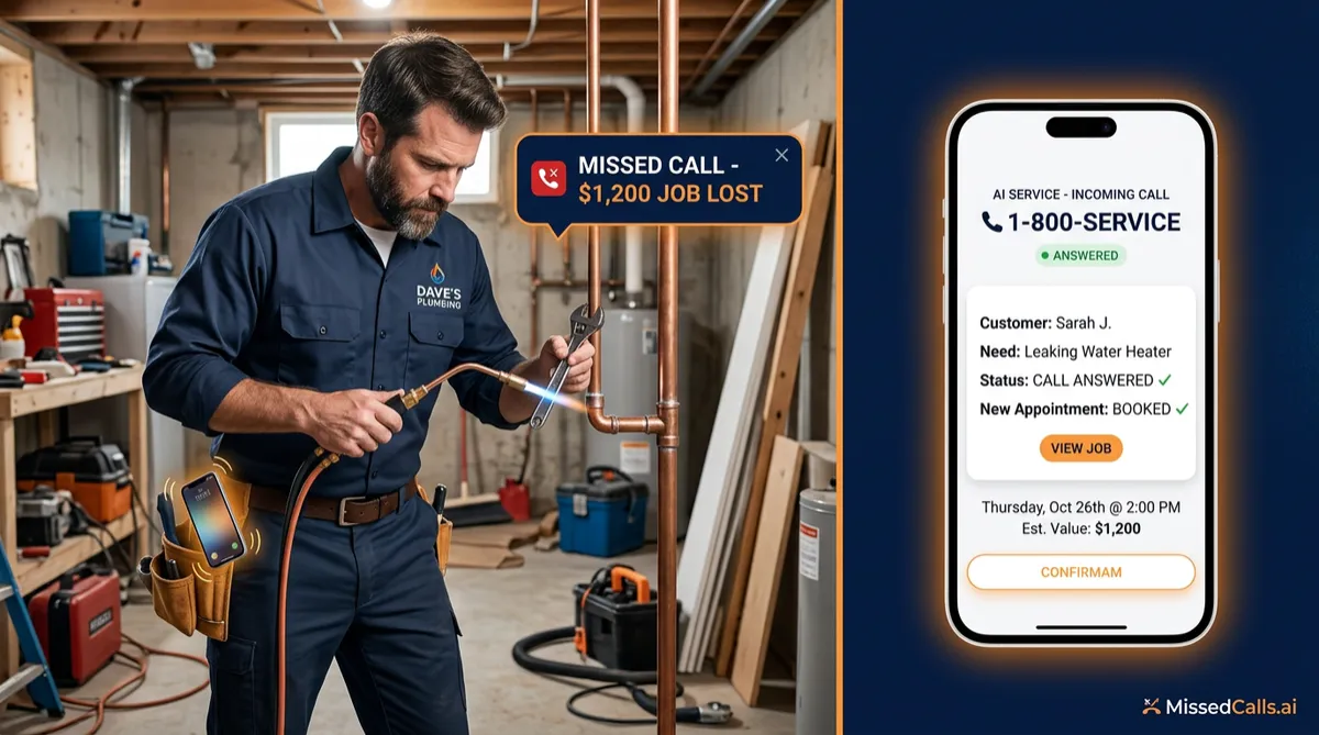 Home services contractor on a job site with a missed call alert on his phone beside an AI answering interface showing a booked appointment