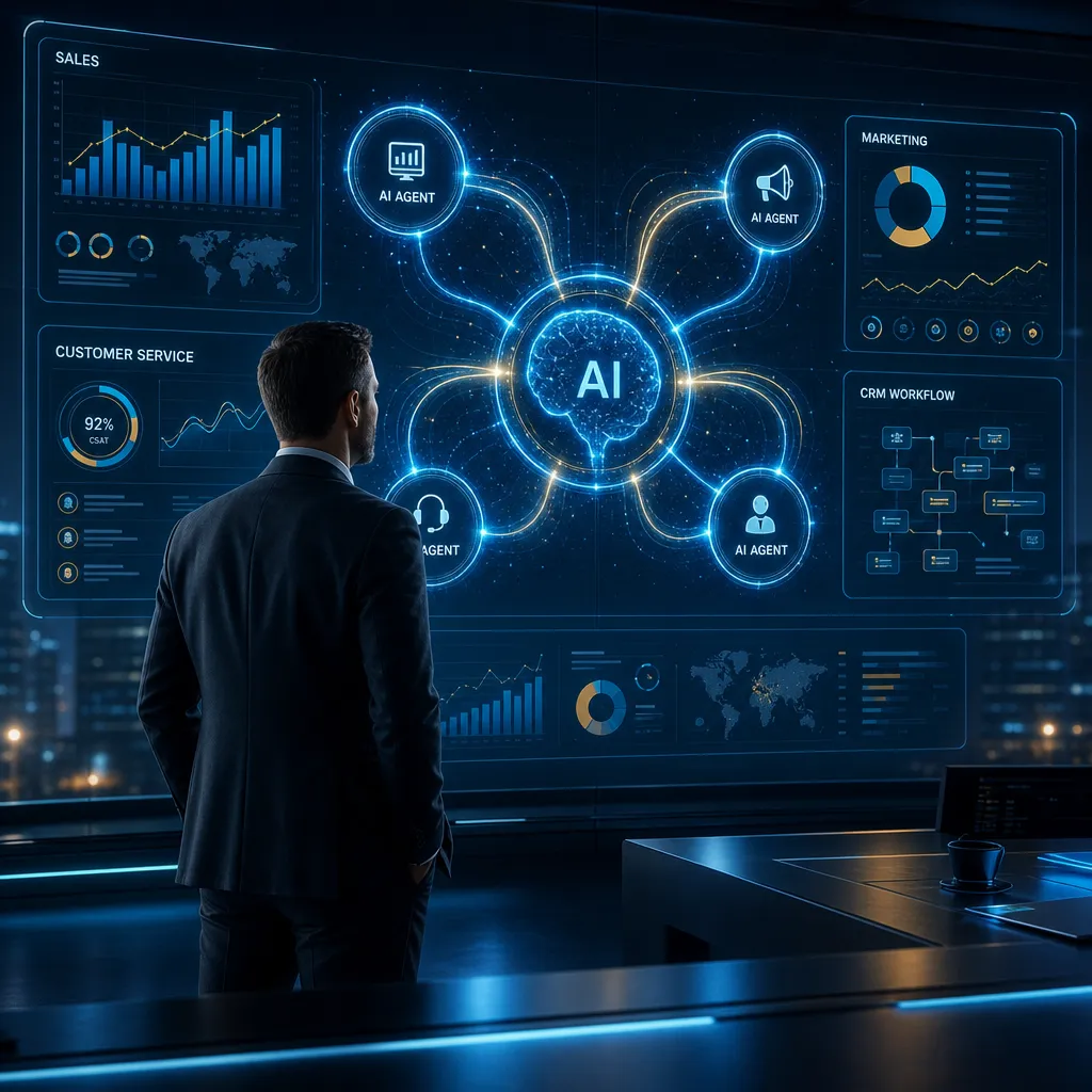 Business leader standing at a glowing AI-powered operations dashboard with interconnected workflow agent nodes across sales, marketing, and CRM panels — landscape 16:9 at 1200x675px