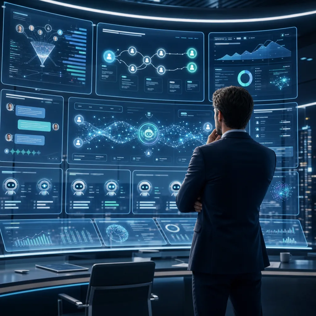 A business professional at an AI-powered operations dashboard overseeing automated sales, marketing, and customer service workflows