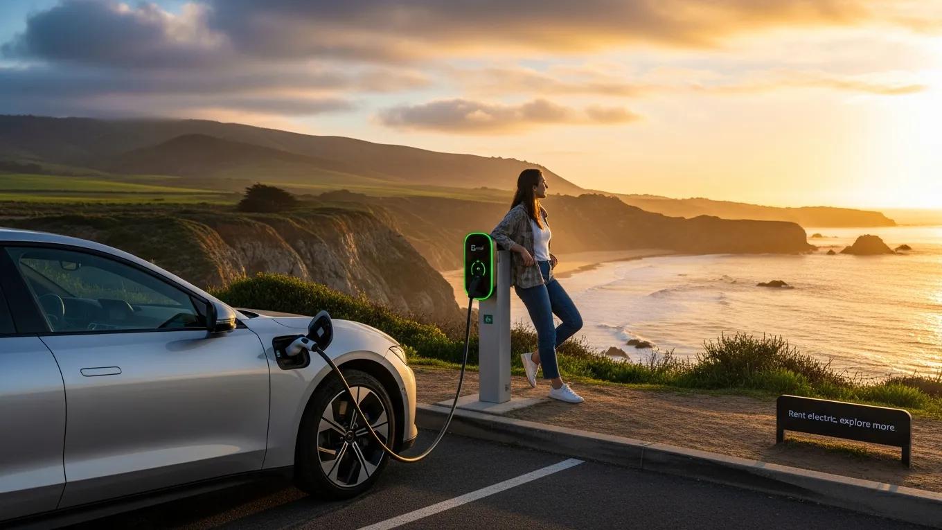 Person charging an electric vehicle at a scenic location, highlighting the benefits of renting EVs