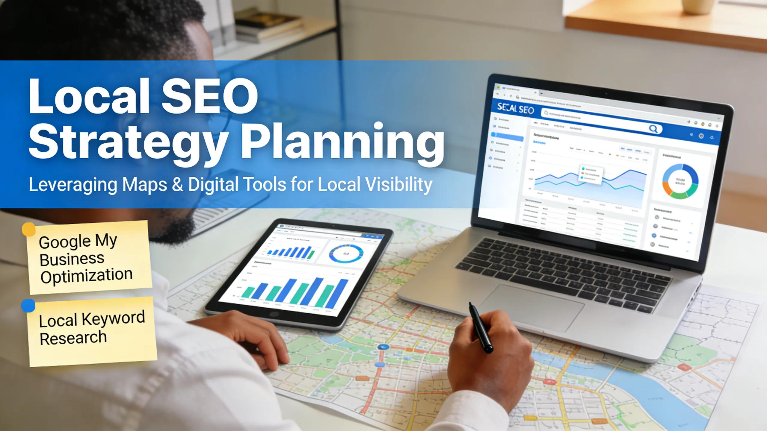 Business owner planning local SEO strategies with maps and digital tools in olympia