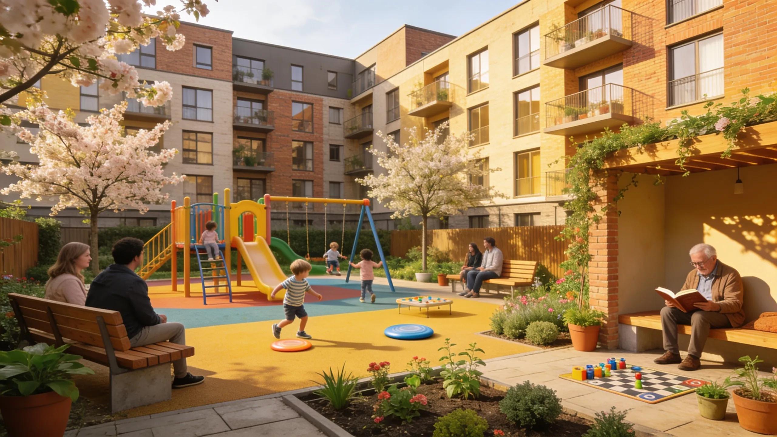 Warm lifestyle image of a multifamily residential community with families and greenery.