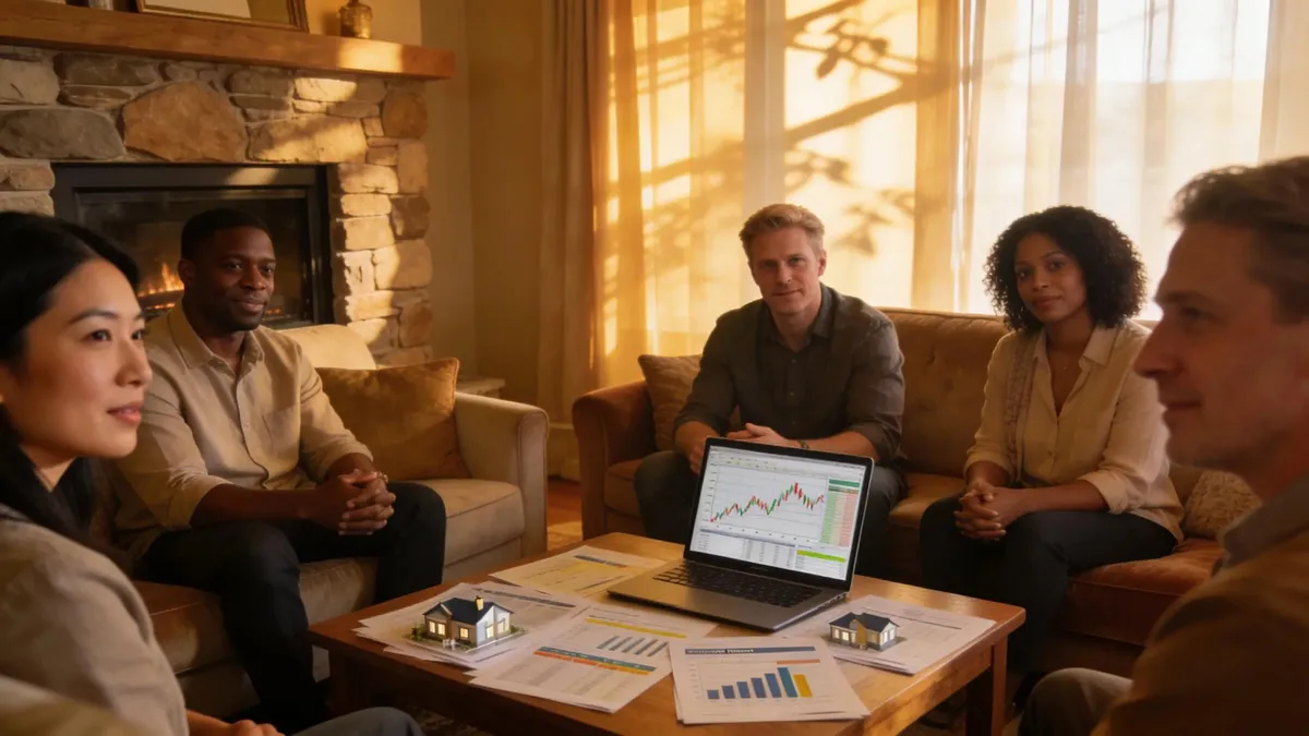 Cozy living room scene with investors discussing multifamily syndications and financial strategies