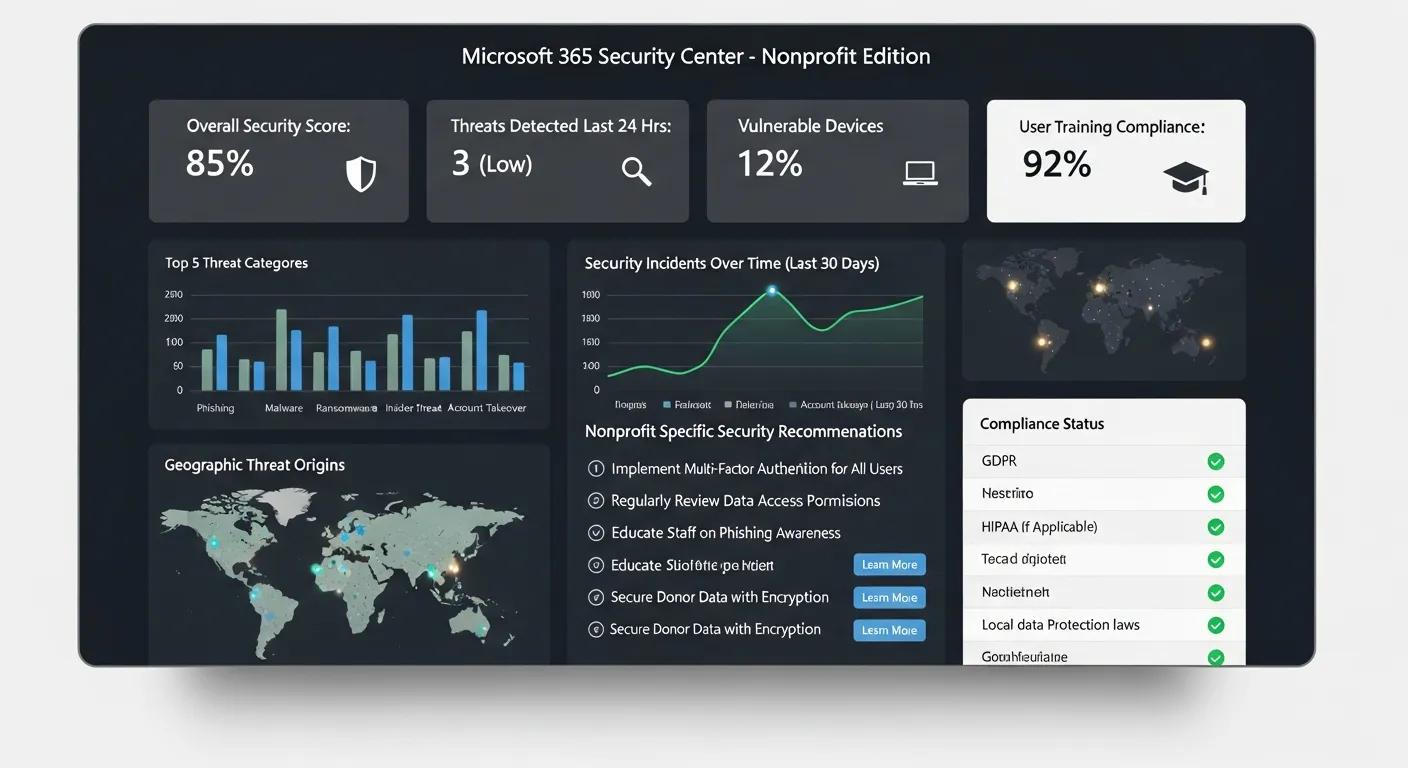 Microsoft 365 Security Center dashboard for nonprofit organizations