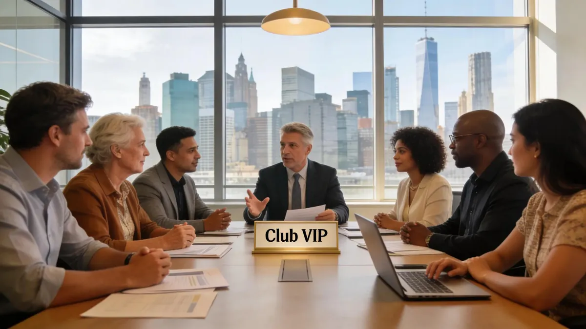 Investors collaborating on multifamily real estate strategies with a city skyline in the background
