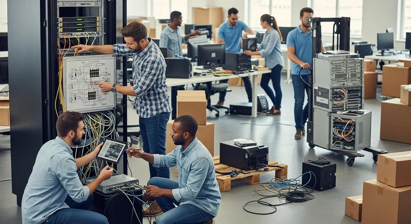 IT professionals collaborating during an office move, emphasizing teamwork and organization