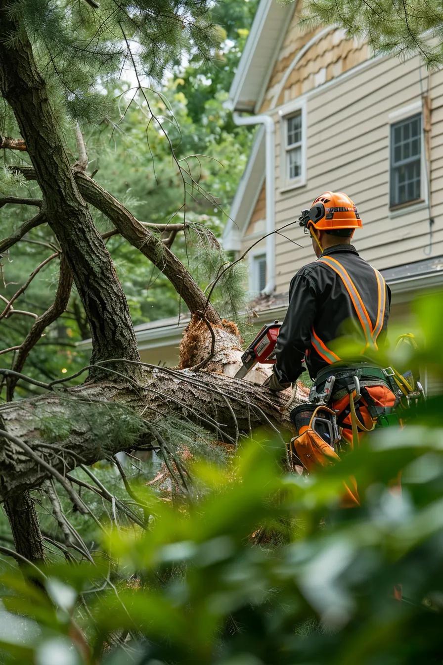 Professional arborist safely removing a fallen tree near a house, highlighting emergency tree care services