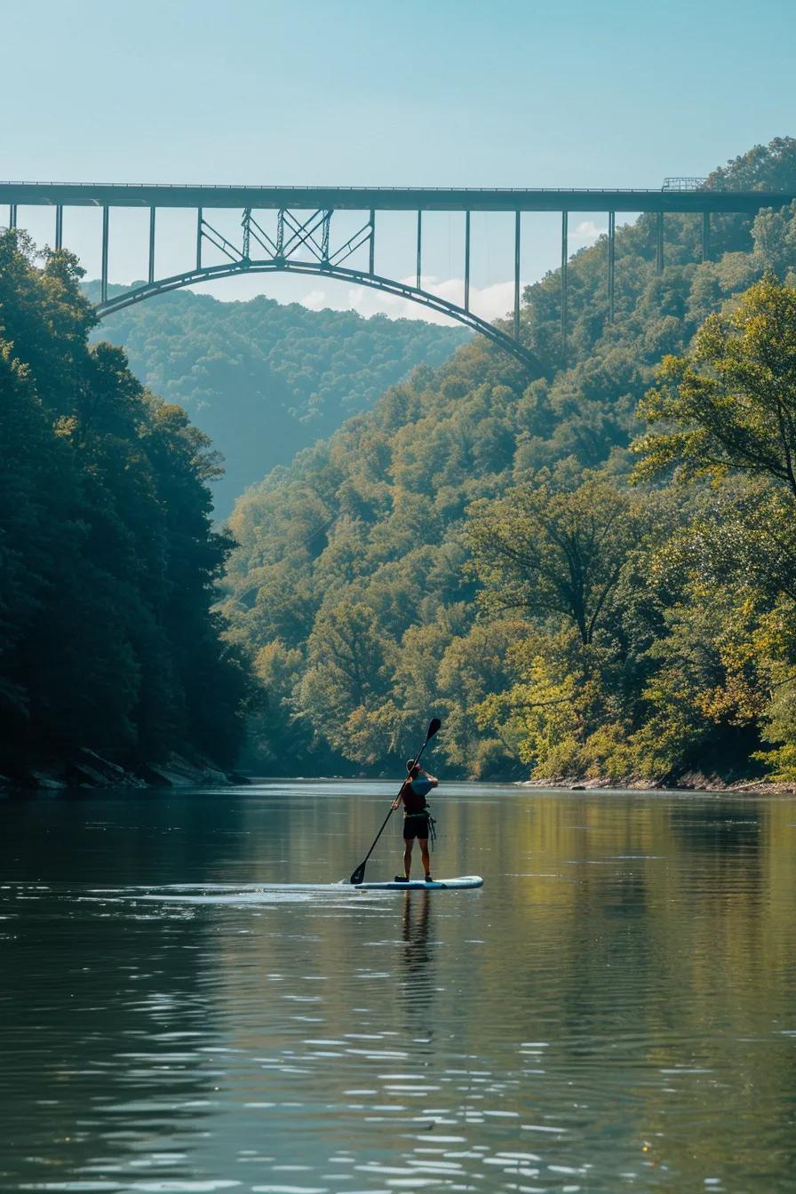 A paddleboarder glides on the New River with the iconic New River Gorge Bridge towering in the background, showcasing Fayetteville, WV's thrilling outdoor adventures