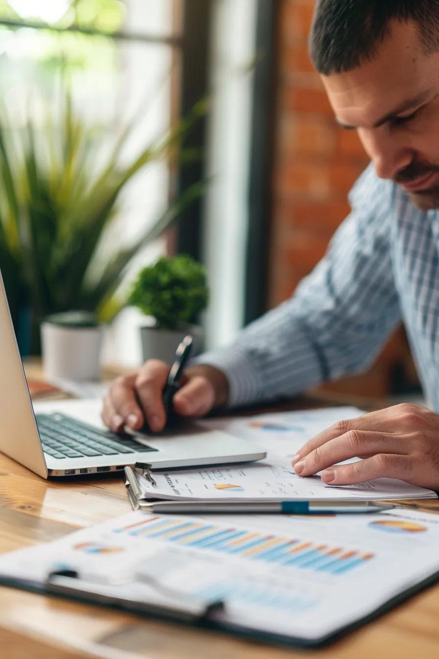 Small business owner at a desk with laptop and financial documents, emphasizing accounting services