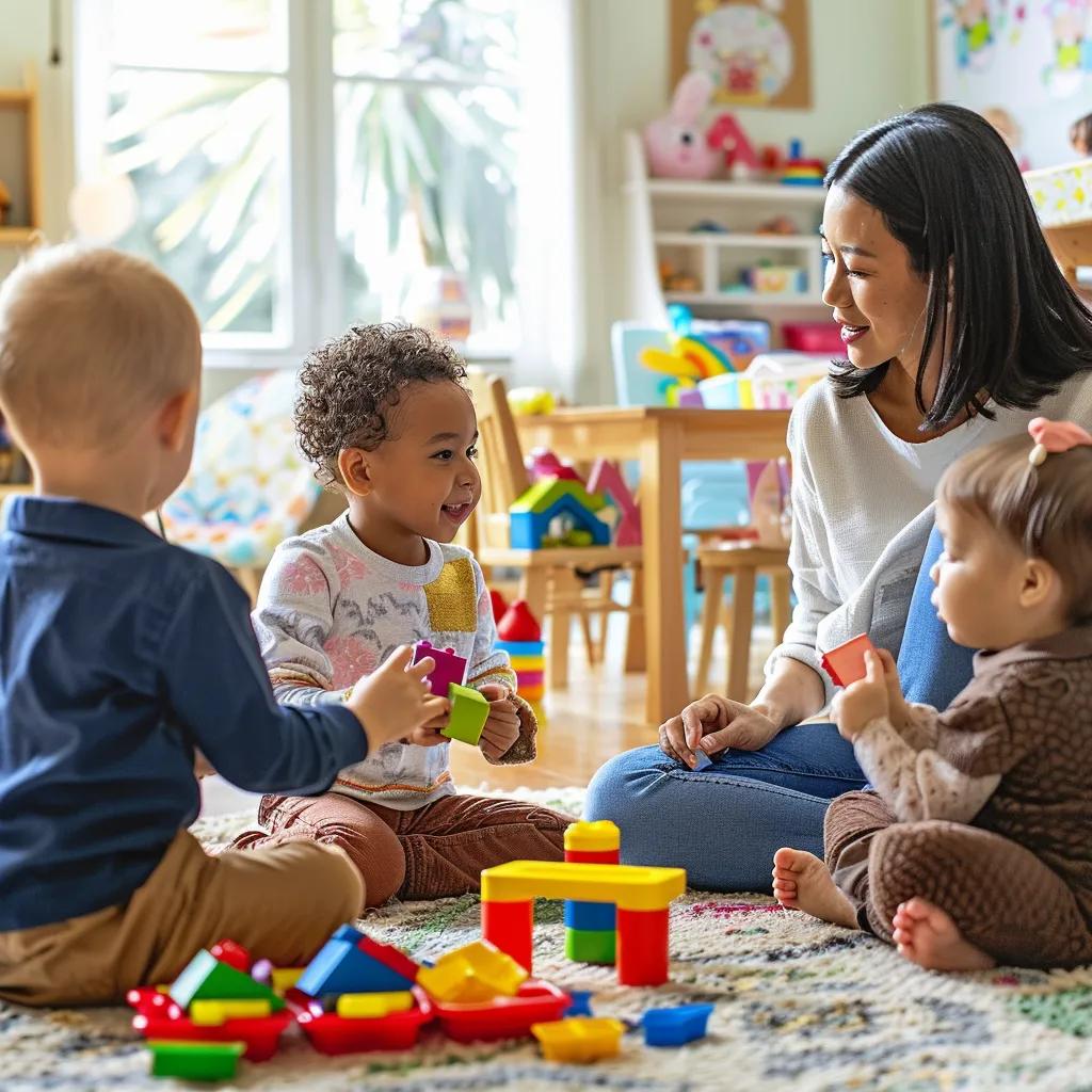 A bright, natural-light preschool playground or classroom where two or three young children are happily interacting. One child offers a toy or shares blocks with another, showing early friendship skills. A caring teacher is nearby, smiling or gently guiding the interaction. The scene should feel warm, joyful, and developmentally appropriate, with colorful toys, child-sized furniture, and a welcoming early-learning atmosphere. The mood highlights connection, cooperation, and positive social development in young children.