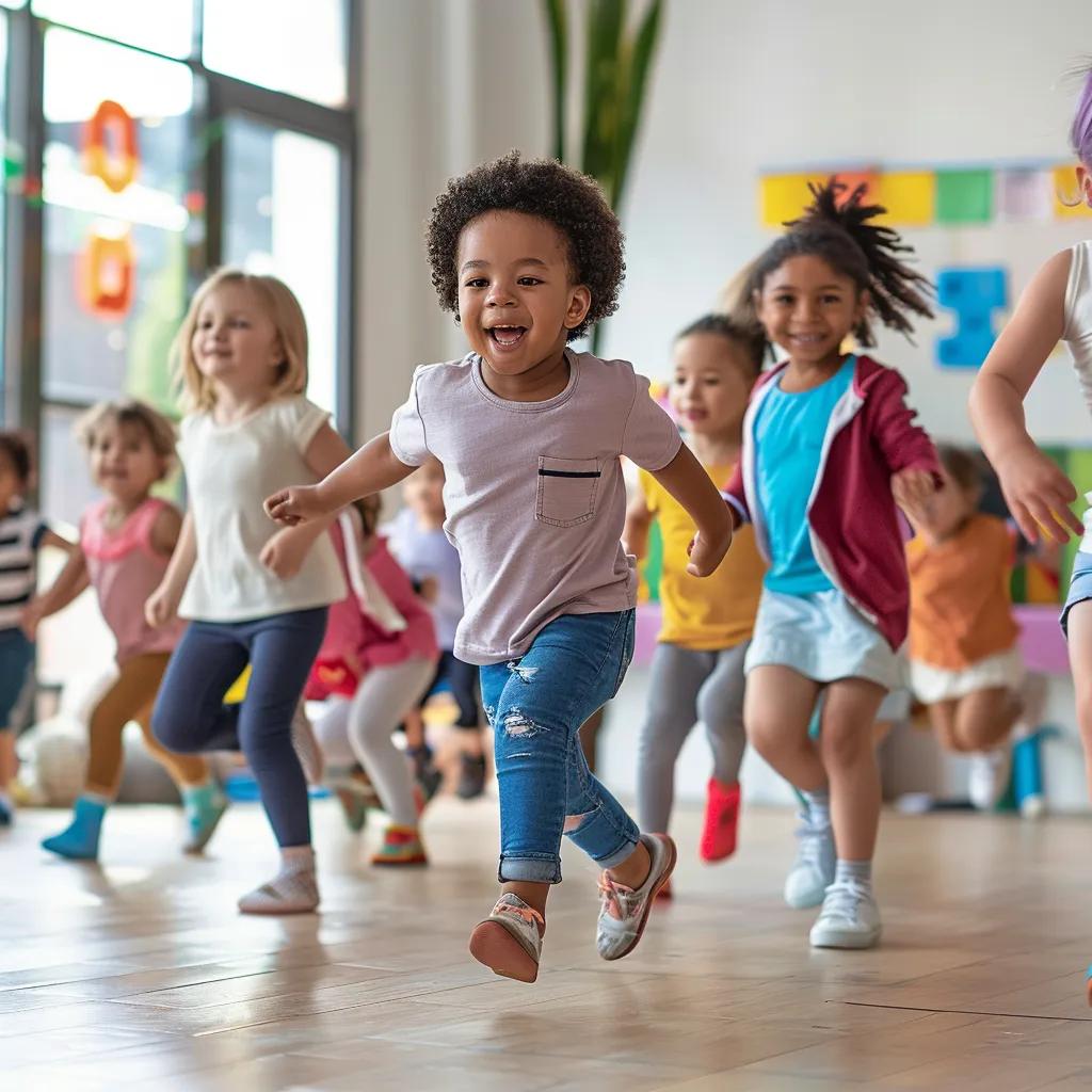 Create a realistic, high-resolution photograph of young children (ages 2–6) actively moving in a bright childcare or preschool environment. The image should capture joyful, healthy physical activity that highlights the importance of daily movement.
