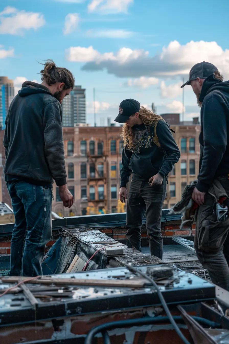 Adjustering team assessing storm damage on an urban roof