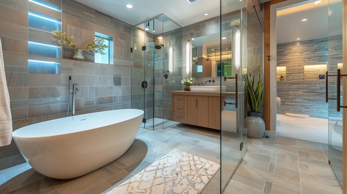 Luxurious bathroom remodel with freestanding soaking tub, large format porcelain tiles, frameless glass shower enclosure, floating vanity with vessel sink, layered lighting design, spa-like atmosphere, professional interior photography, impeccable finish quality, no text, no people whatsover