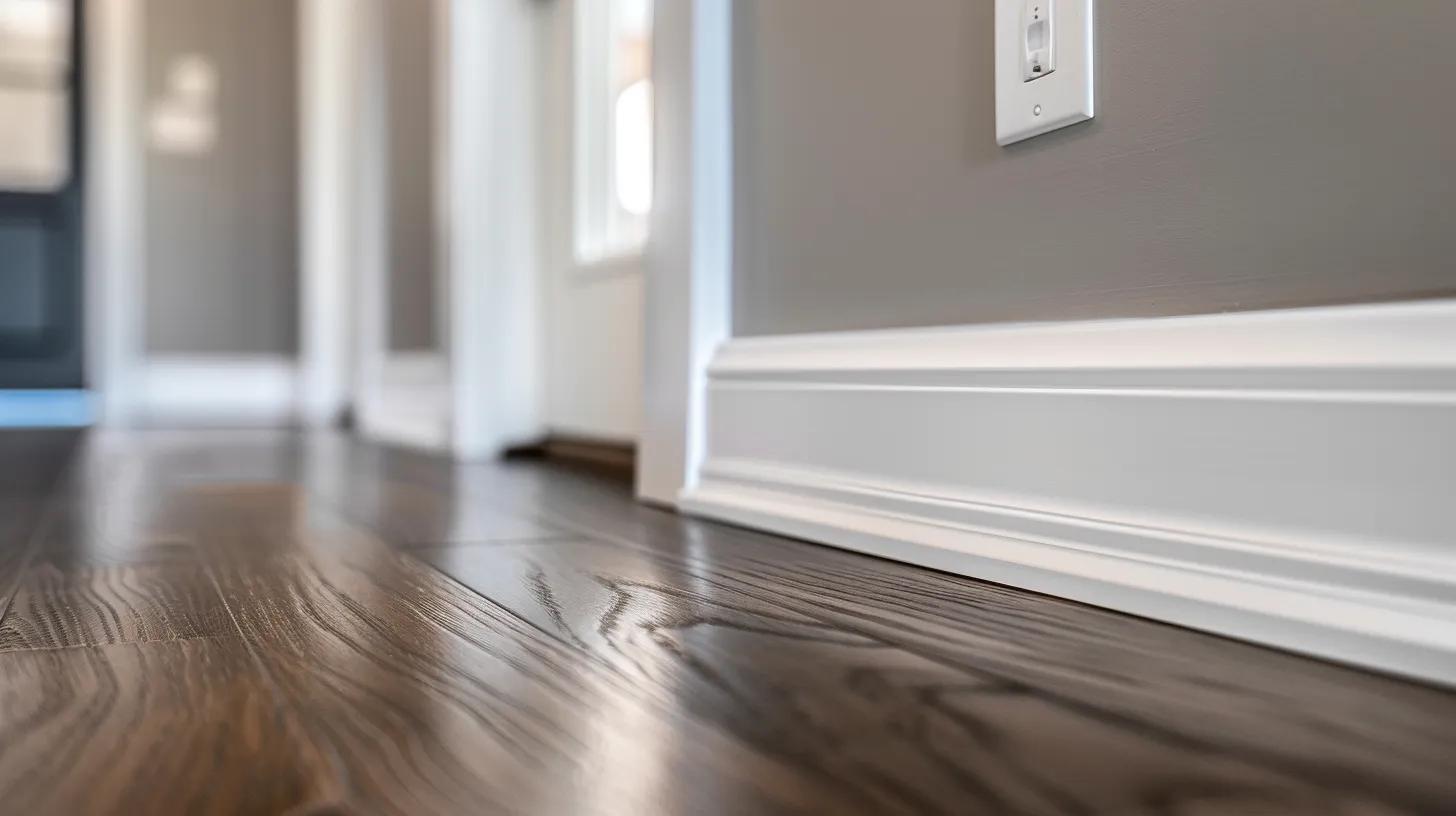 A high-end, macro interior photograph focusing on a pristine white baseboard meeting a dark polished wood floor. The wood shows a faint, clean reflection of the morning light. In the background, out of focus, a modern door handle and a light switch plate are visible, gleaming and fingerprint-free. The lighting is crisp and natural, emphasizing the absence of dust even in the tightest corners. No people, no text, hyper-realistic, 8k, architectural digest style, sharp focus on textures.