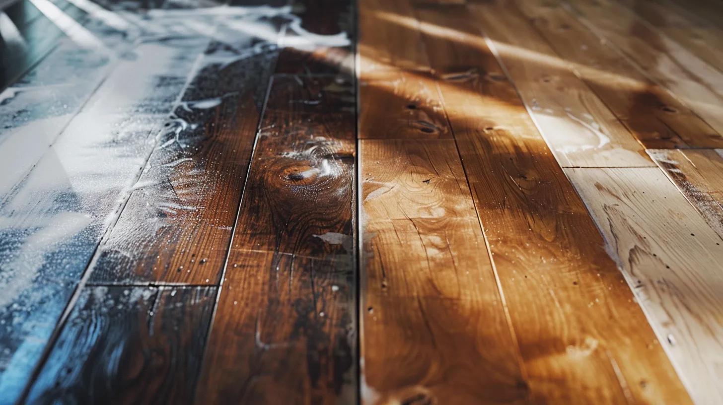A stunning split-screen architectural photograph. The left side shows a close-up of a new dark wooden floor covered in a fine layer of white construction dust and a few stray blue painter's tape scraps. The right side shows the exact same floor after a professional post-construction deep clean: the wood is gleaming, reflecting the sunlight perfectly, with every grain visible and sanitized. Hyper-realistic, 8k, sharp focus on the transition, cinematic lighting, no people, no text.