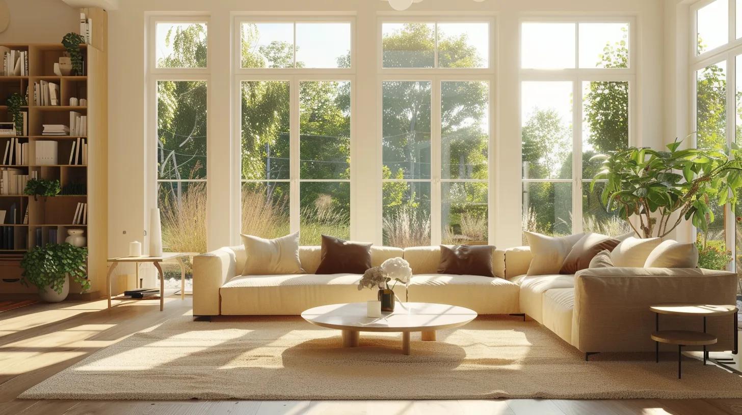 Bright and immaculate modern living room after professional weekly cleaning service, sparkling clean windows with natural sunlight flooding in, freshly vacuumed carpet with visible vacuum lines, dust-free furniture surfaces gleaming, fluffed sofa cushions perfectly arranged, polished coffee table, organized bookshelf, streak-free glass surfaces, inviting comfortable atmosphere, soft morning light creating warm ambiance, professional cleaning service result, crystal clear details, pristine home environment showcasing weekly maintenance benefits, no text, no people whatsoever