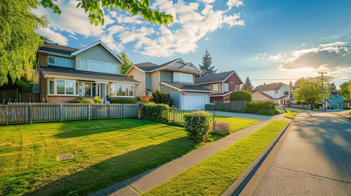 Neighborhood scene illustrating boundary lines between two houses, highlighting property ownership