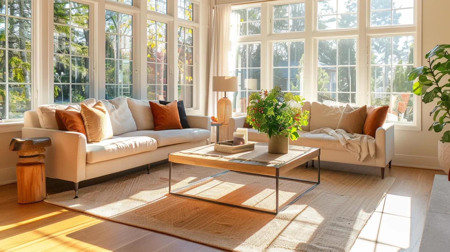 Bright and airy modern living room after professional deep cleaning, sparkling clean windows with natural sunlight streaming in, pristine hardwood floors reflecting light, dust-free furniture surfaces, fresh flowers on clean coffee table, inviting comfortable atmosphere, professional interior photography, immaculate home showcase, no text, no people whatsoever