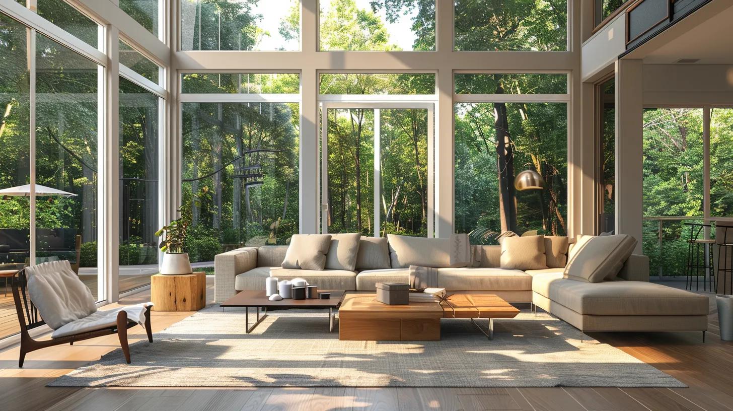 Bright modern living room during professional cleaning service, natural sunlight streaming through large windows, eco-friendly cleaning products visible on coffee table, fresh atmosphere, contemporary furniture, professional residential cleaning photography, inviting clean space, Richmond VA home interior, no text, no people whatsoever