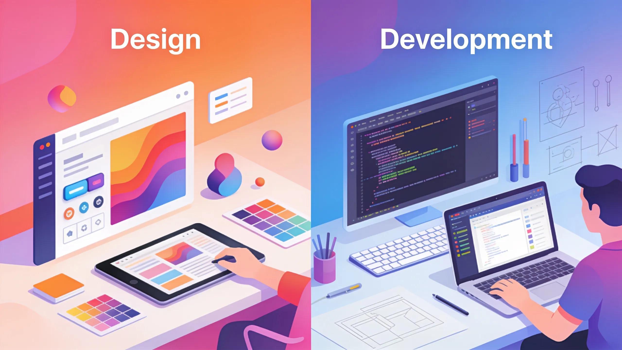 Website design and development split scene illustrating key differences and roles in a digital workspace.