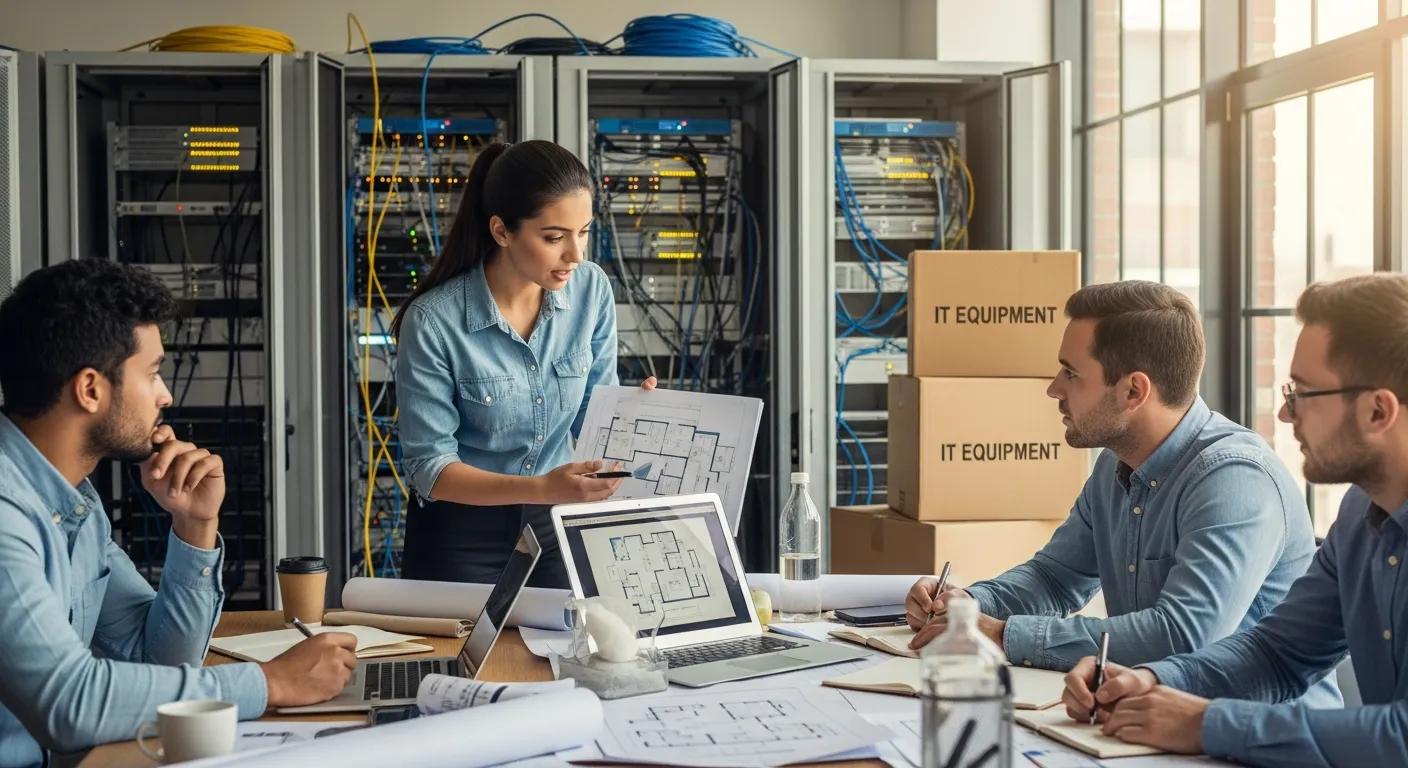 Team planning IT office relocation with laptops and servers