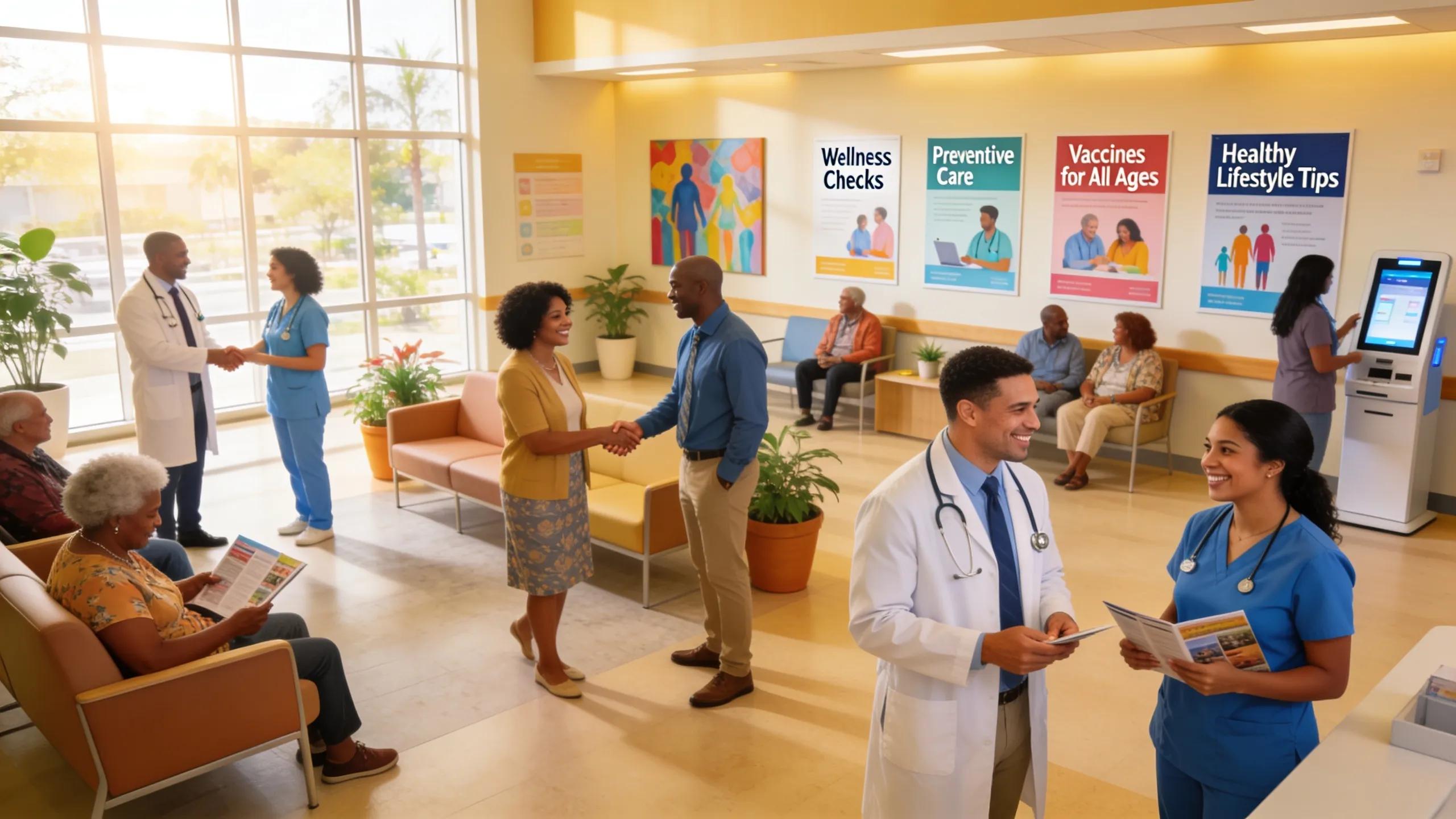 Integrated primary care clinic scene with healthcare professionals and diverse patients in Miami Gardens