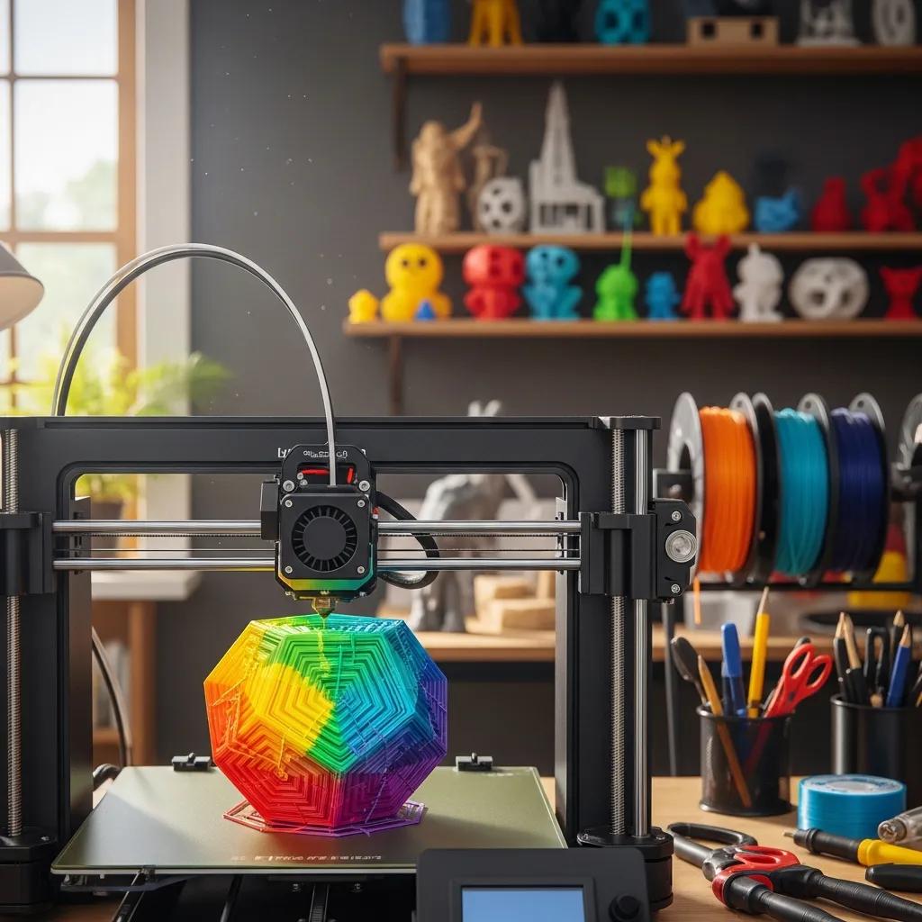 3D printer creating a colorful object in a workshop, highlighting additive manufacturing technology
