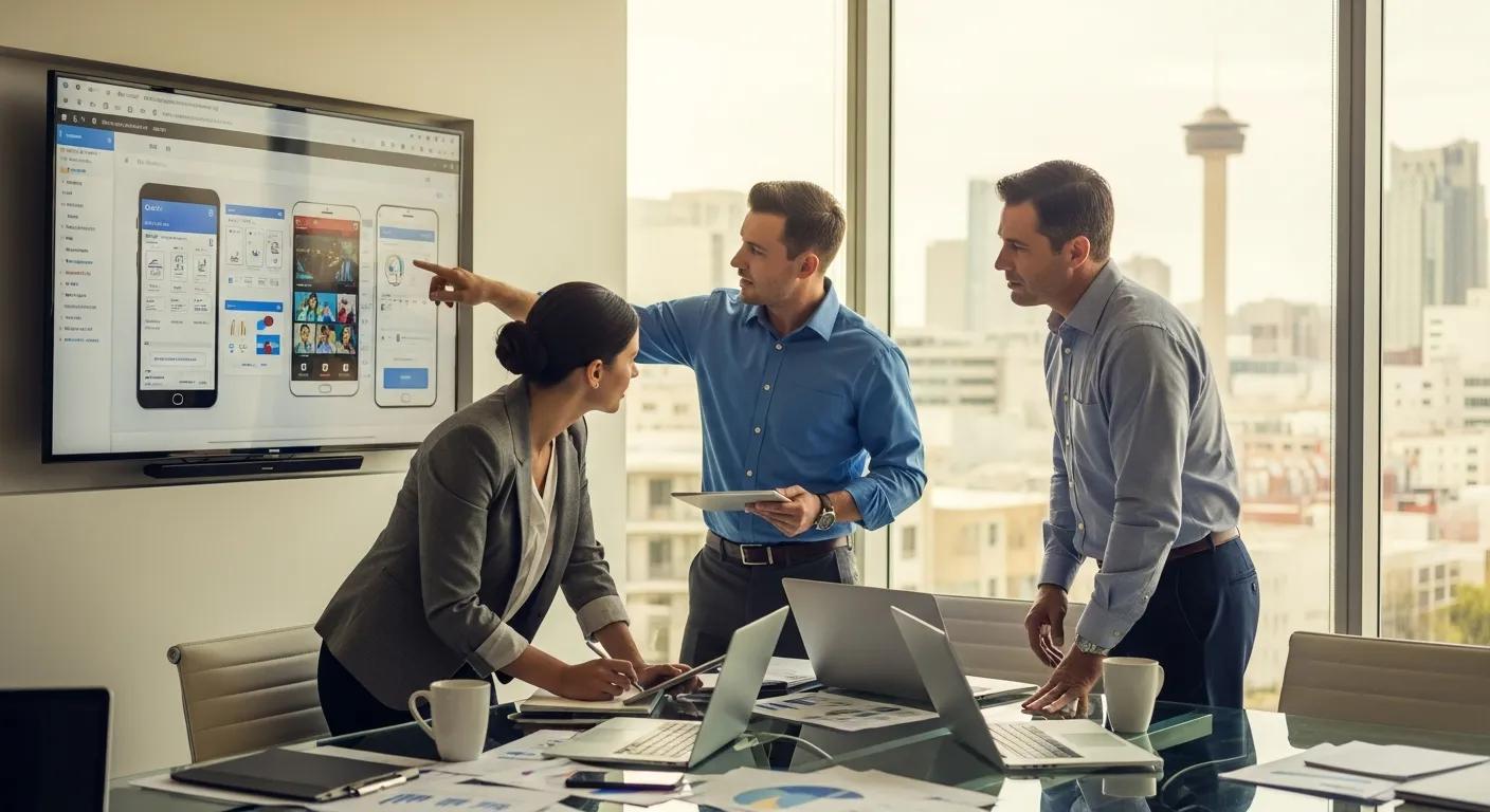 Business professionals collaborating on mobile technology solutions in a San Antonio office