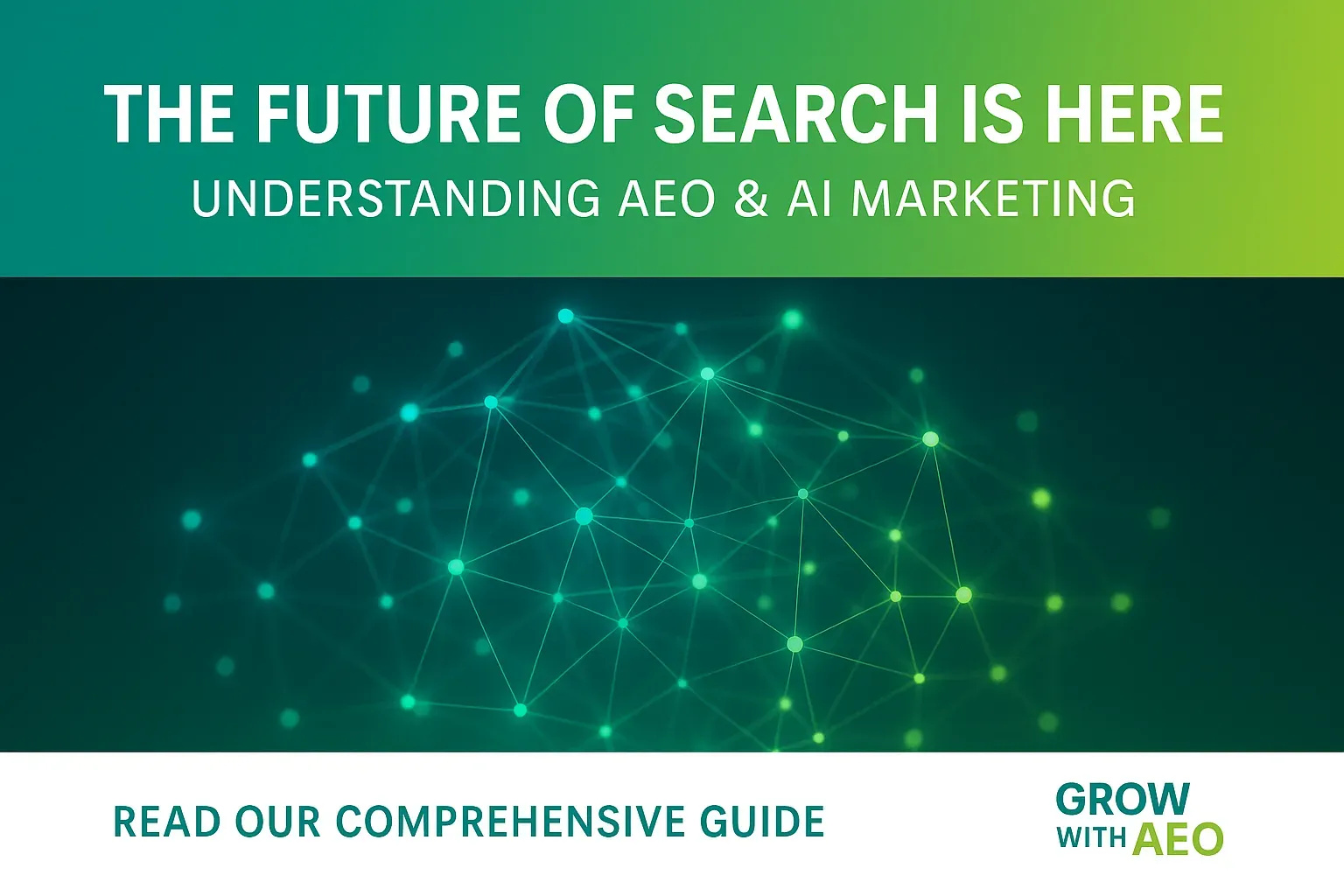 Text promoting a guide on AEO and AI marketing with a network graphic.