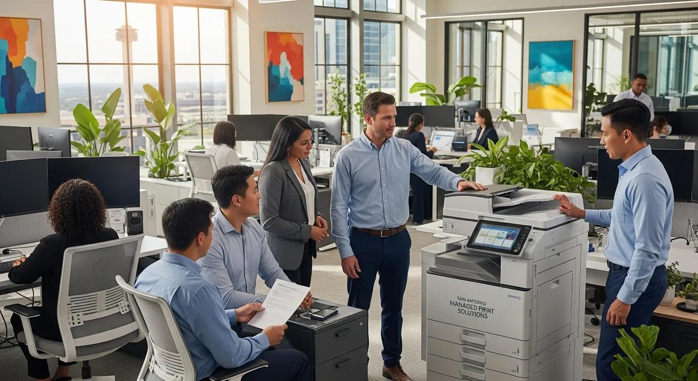 Modern office with professionals using managed print services in San Antonio