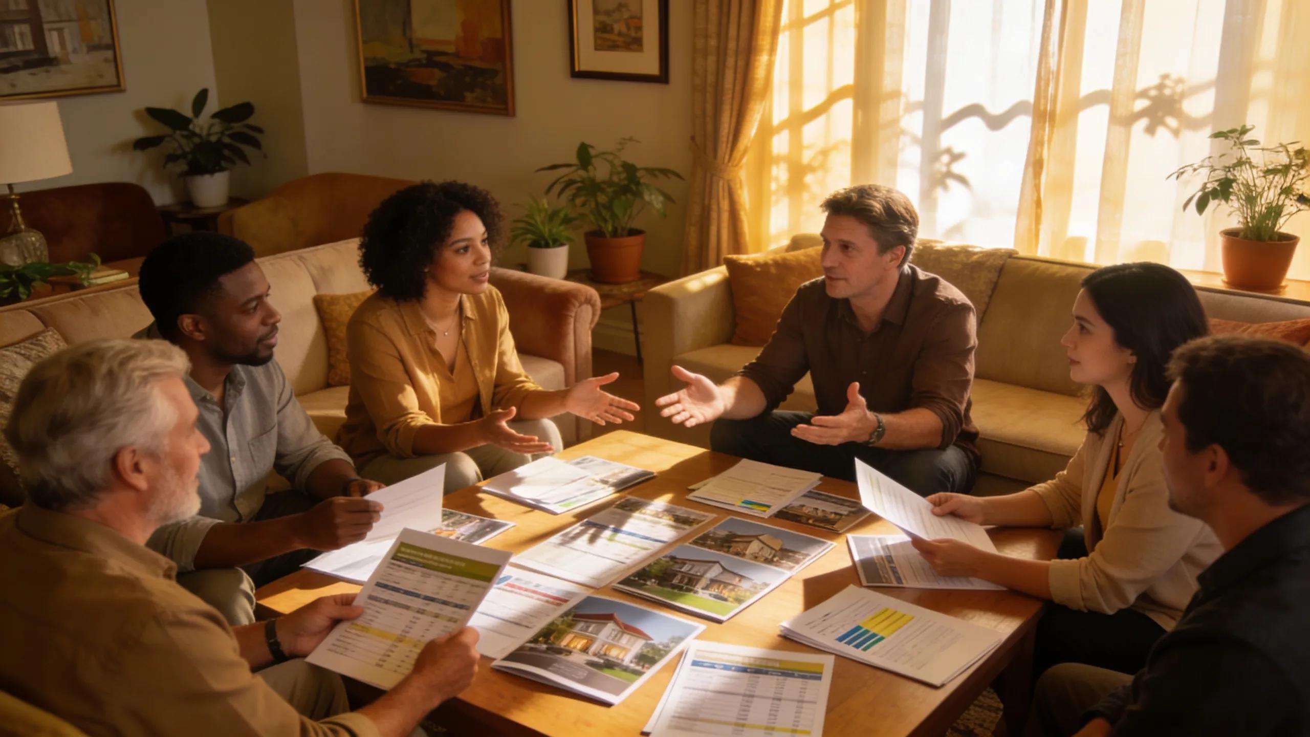 Diverse group discussing multifamily investments with real estate documents at a cozy home.