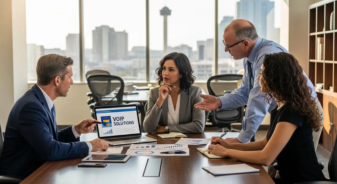 Business professionals discussing VoIP solutions in a modern San Antonio office