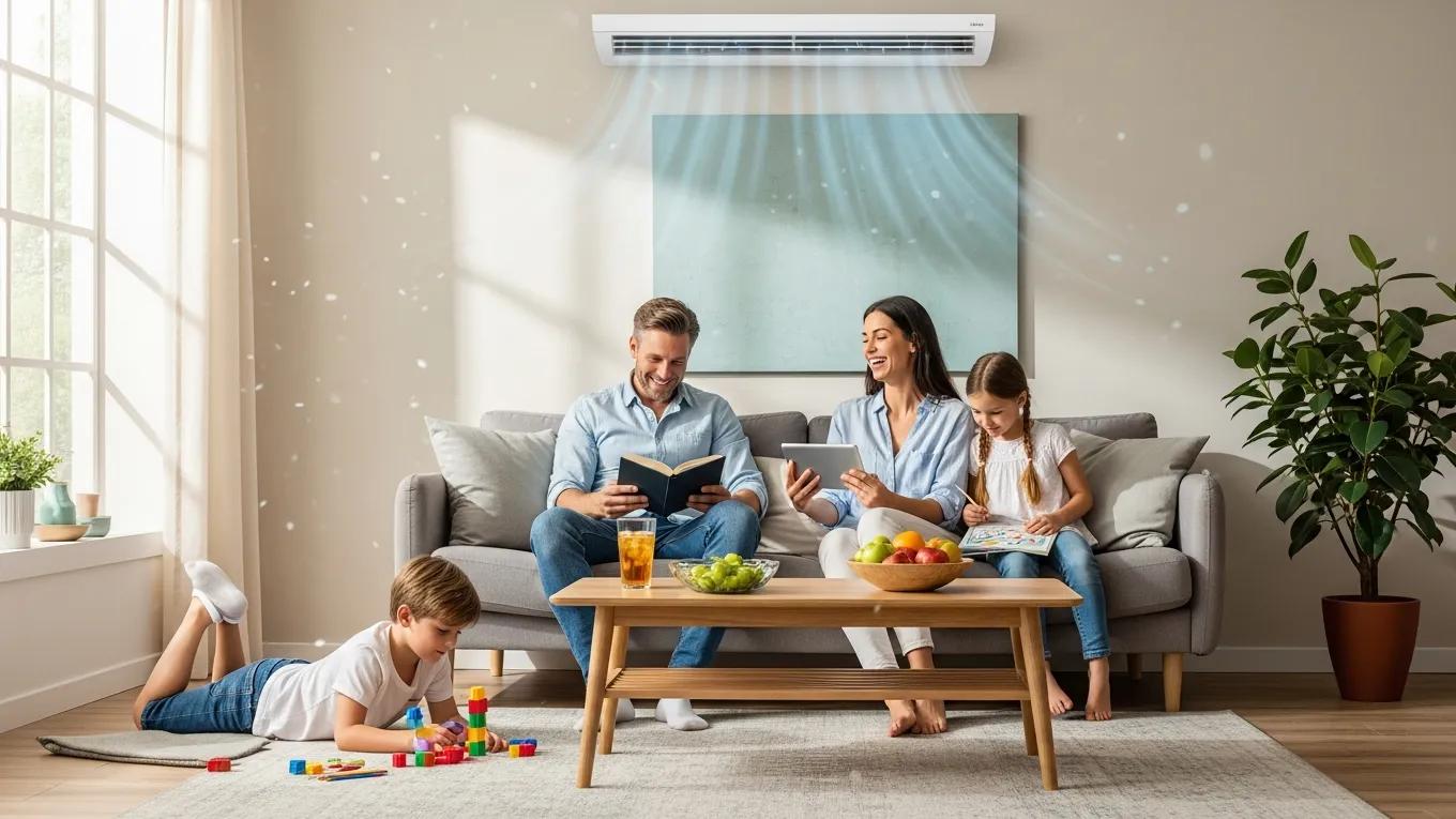 Family enjoying a comfortable living room with central air conditioning during summer