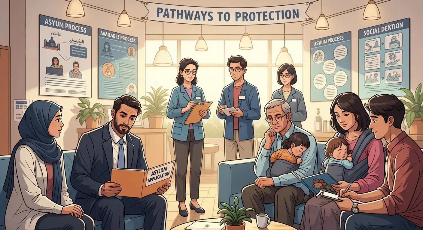 Diverse group of individuals in a supportive environment representing the asylum process in the U.S.