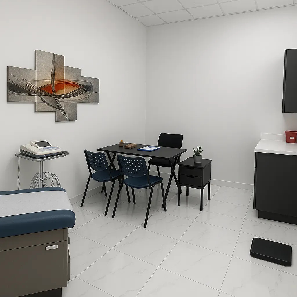 Medical office interior with a waiting area, table, chairs, and medical equipment.