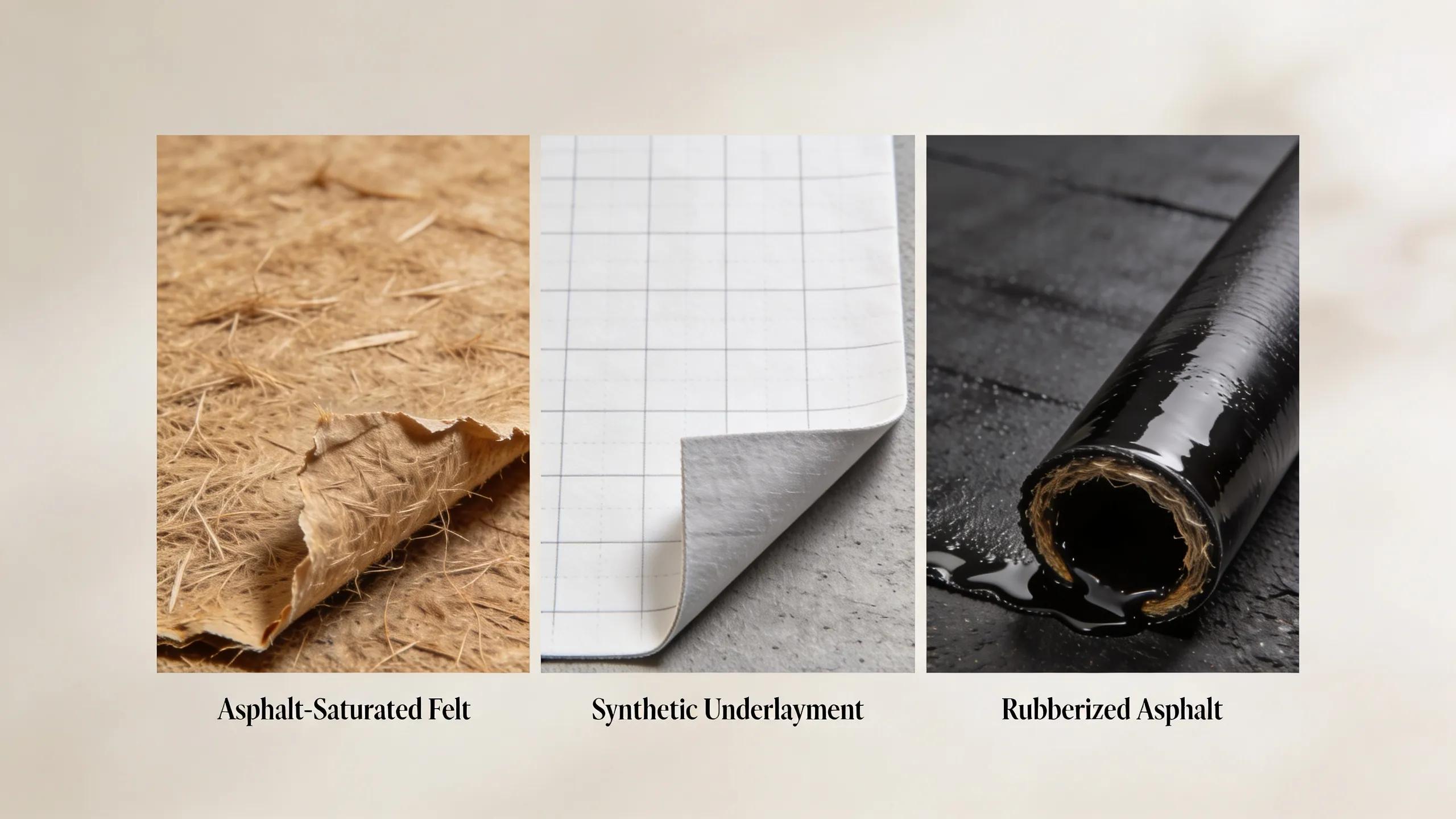 A collection of roof underlayment materials showing asphalt-saturated felt, synthetic underlayment, and rubberized asphalt, emphasizing their differences and textures