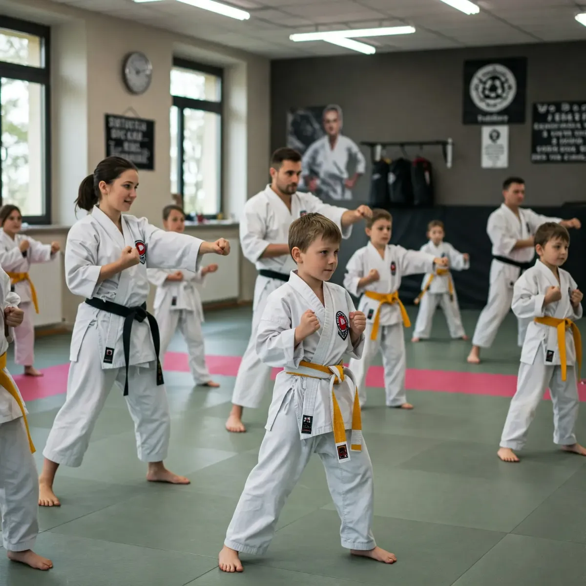 Children practicing karate in a dojo, highlighting martial arts training in Clermont, FL